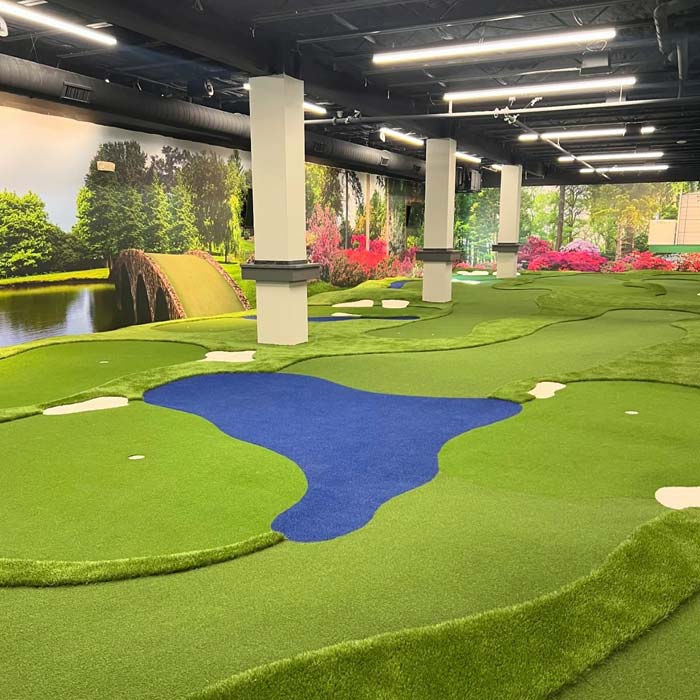 Indoor Golf course with artificial turf, blue water features, and scenic wall murals.