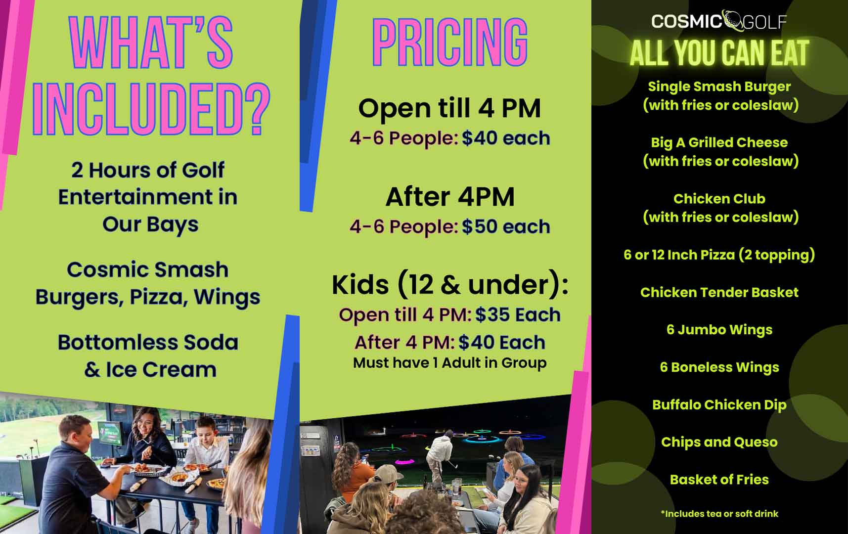 Flyer showing details of Cosmic Golf’s all-you-can-eat menu, pricing, and what’s included.