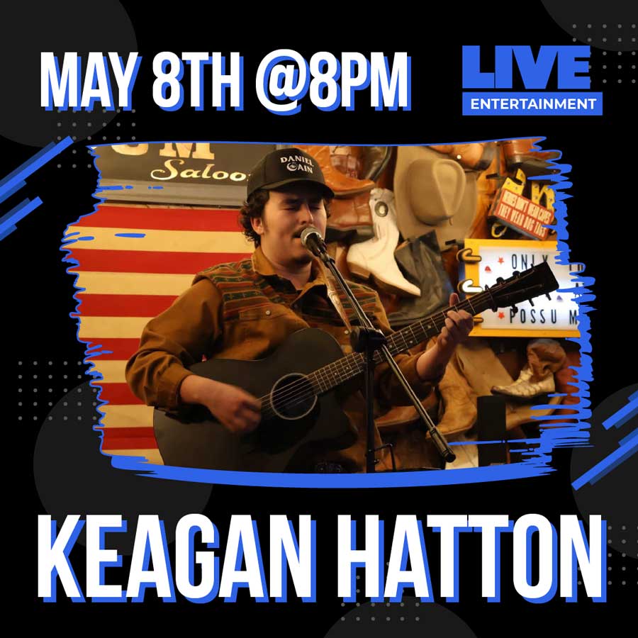 Musician Keagan Hatton playing guitar and singing; May 8th at 8pm live entertainment event.