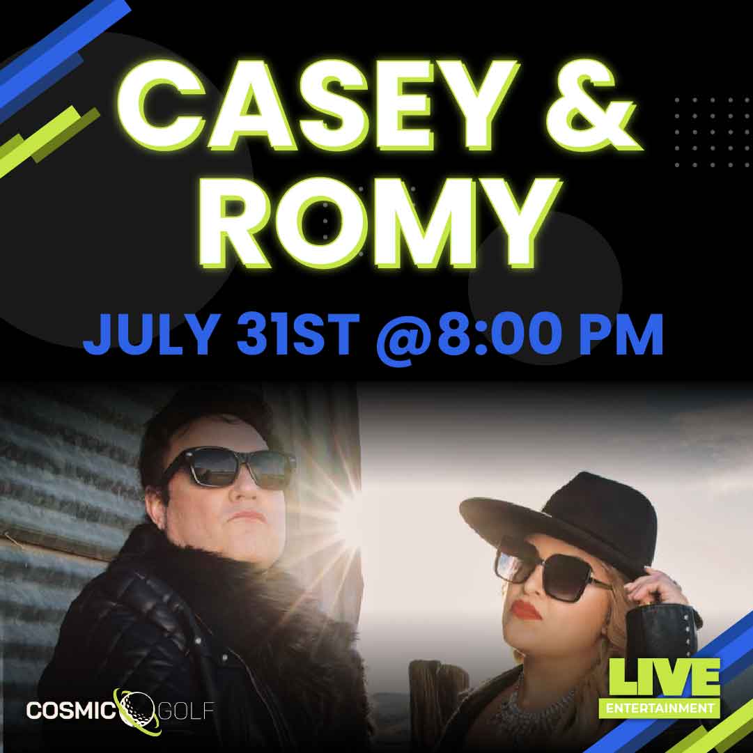 Two people in sunglasses promote a live show: Casey & Romy, July 31st @ 8:00 PM.